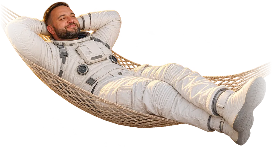 Deividas in a spacesuit, lying back in a hammock