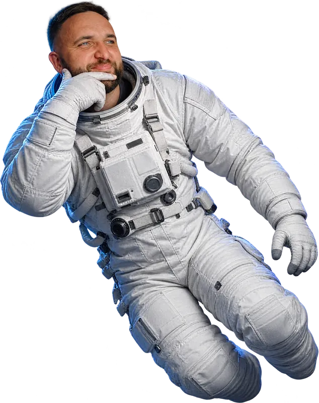 Deividas in a spacesuit, floating deep in thought in a storm of paper sheets